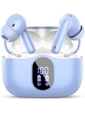 Wireless Pale Blue Bass Stereo Noise Cancelling Mic LED Display Bluetooth Earbud